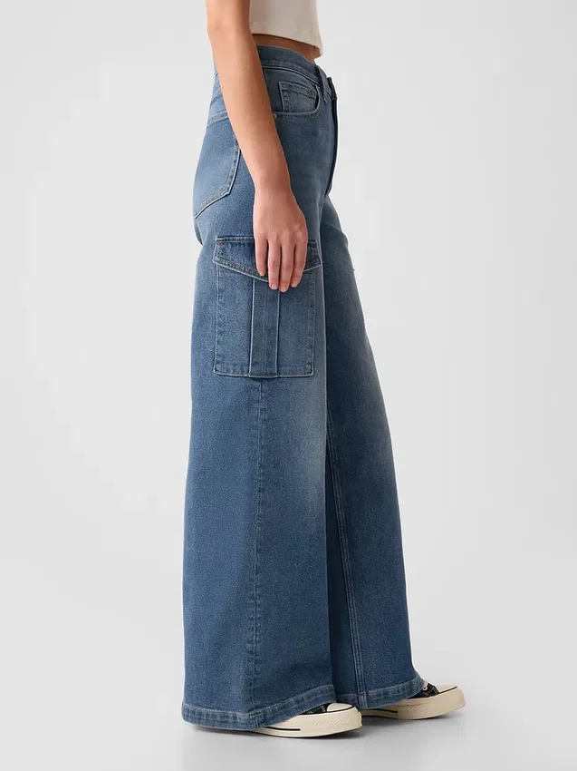 Cargo-jeans med høy midje og vid benvidde