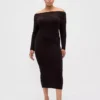 CashSoft elastisk midi-strikkekjole med bare skuldre