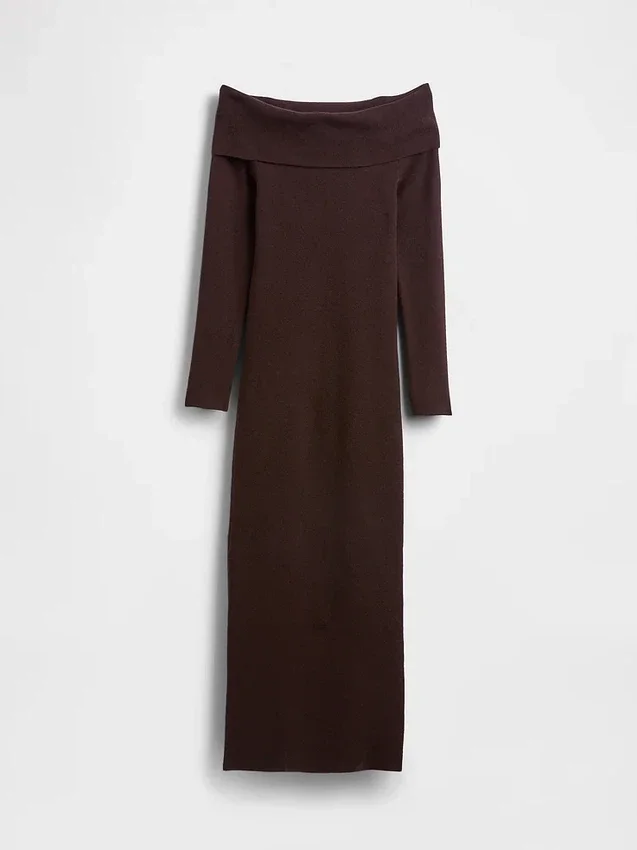 CashSoft elastisk midi-strikkekjole med bare skuldre