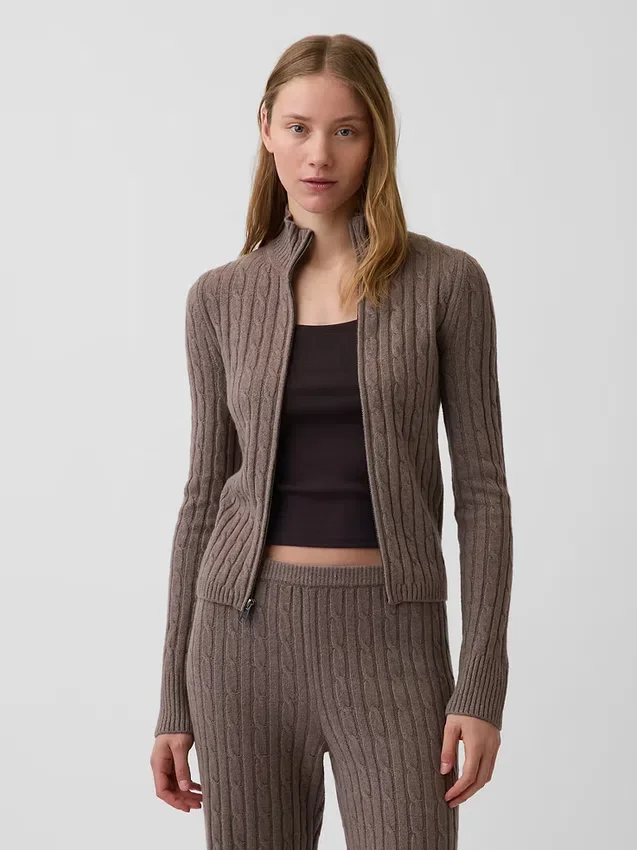 CashSoft kort cardigan med glidelås i kabelstrikk
