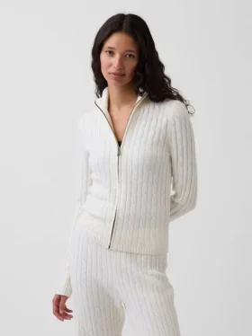 CashSoft kort cardigan med glidelås i kabelstrikk