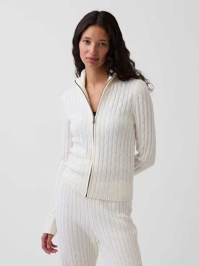 CashSoft kort cardigan med glidelås i kabelstrikk