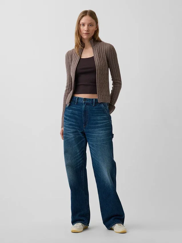 CashSoft kort cardigan med glidelås i kabelstrikk