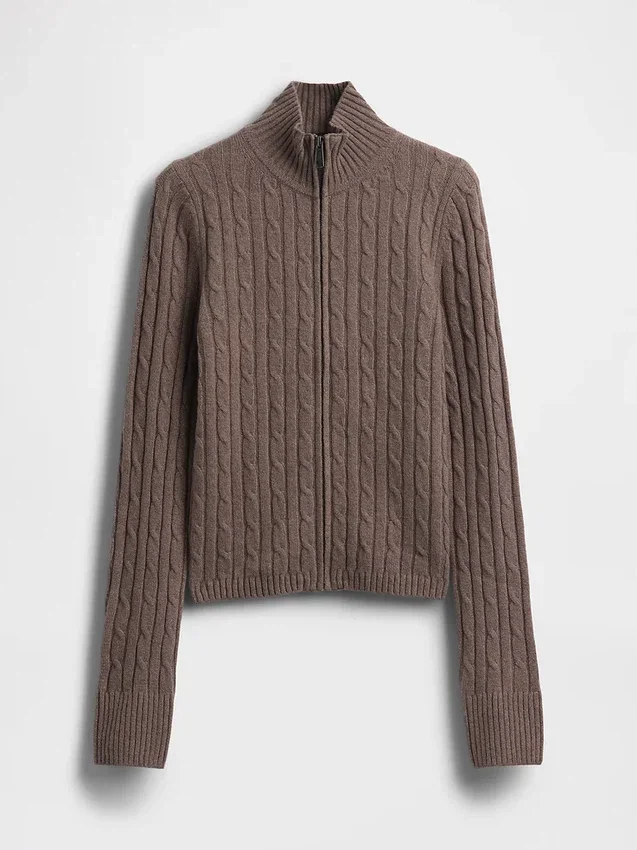 CashSoft kort cardigan med glidelås i kabelstrikk