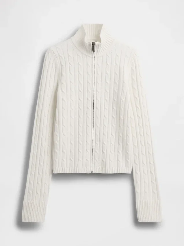 CashSoft kort cardigan med glidelås i kabelstrikk
