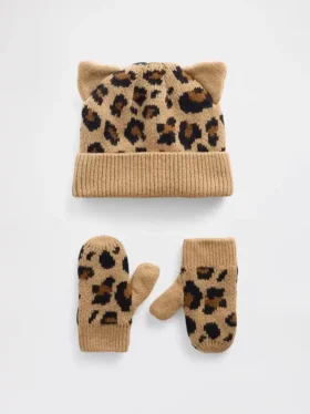 CashSoft-sett med leopardmønstret lue og votter for Baby og Småbarn