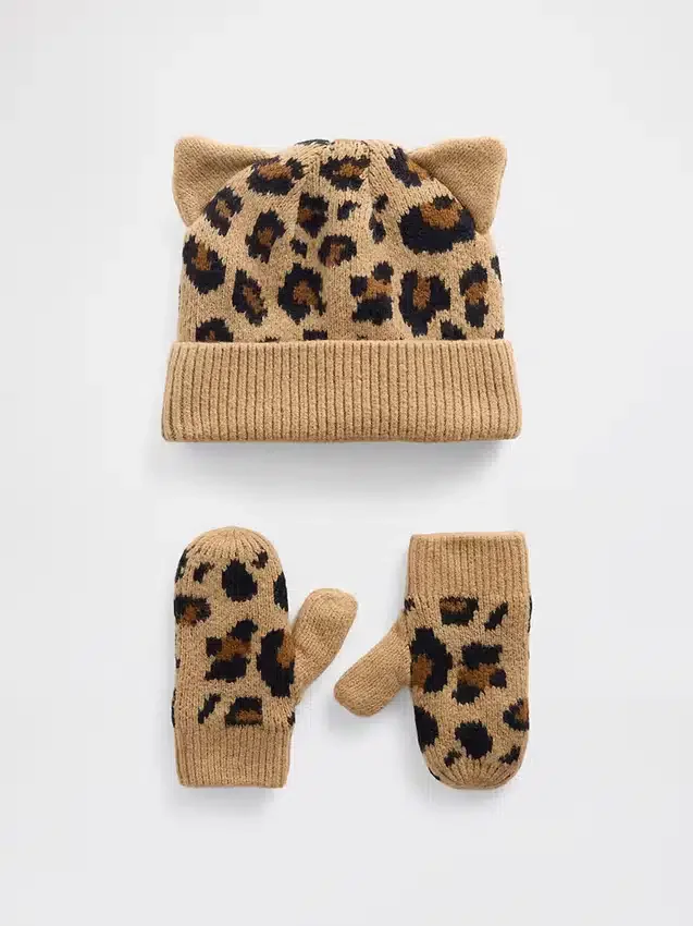 CashSoft-sett med leopardmønstret lue og votter for Baby og Småbarn