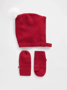 CashSoft-sett med lue med pompon og votter for Baby og Småbarn