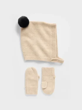 CashSoft-sett med lue med pompon og votter for Baby og Småbarn