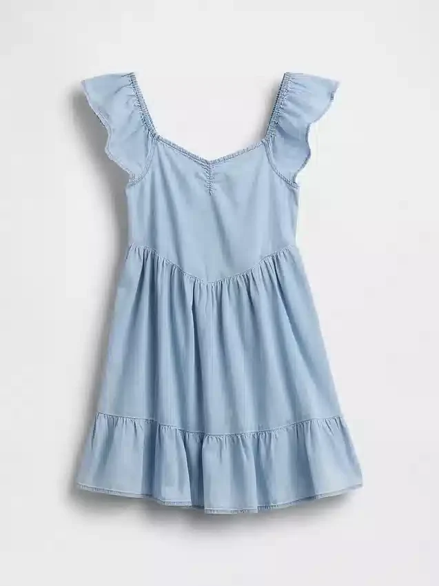 Denimkjole med flutter-ermer og sweetheart-utringning