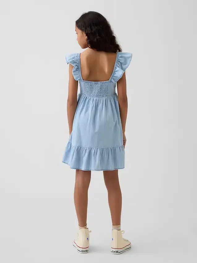 Denimkjole med flutter-ermer og sweetheart-utringning