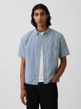 Gingham-denimskjorte med avslappet passform og rett kant