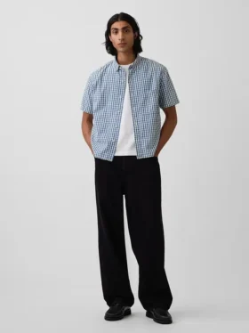 Gingham-denimskjorte med avslappet passform og rett kant