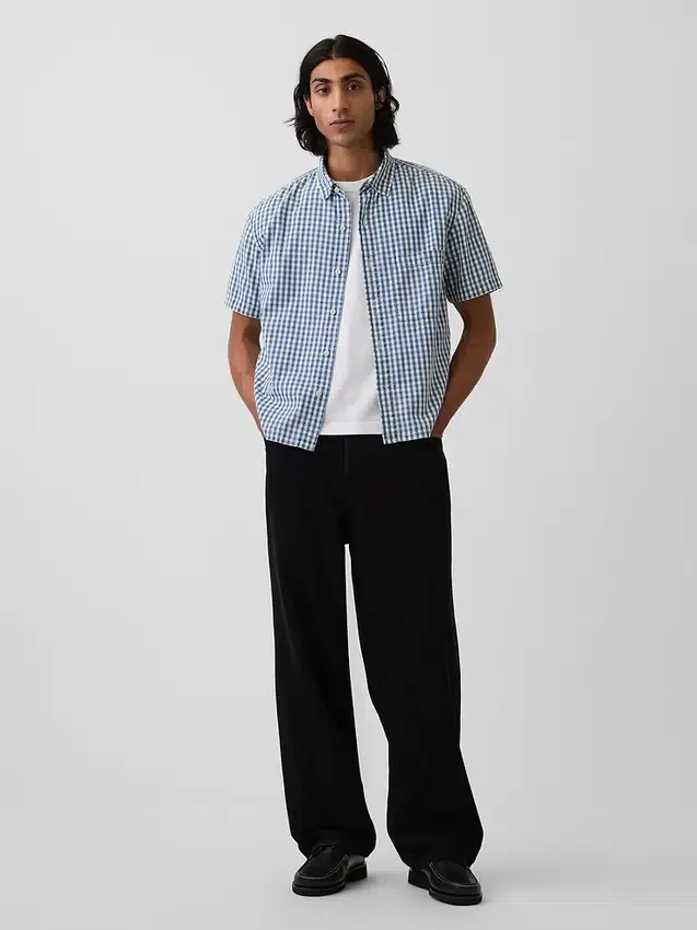 Gingham-denimskjorte med avslappet passform og rett kant