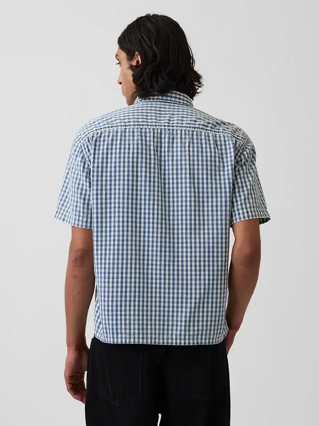 Gingham-denimskjorte med avslappet passform og rett kant