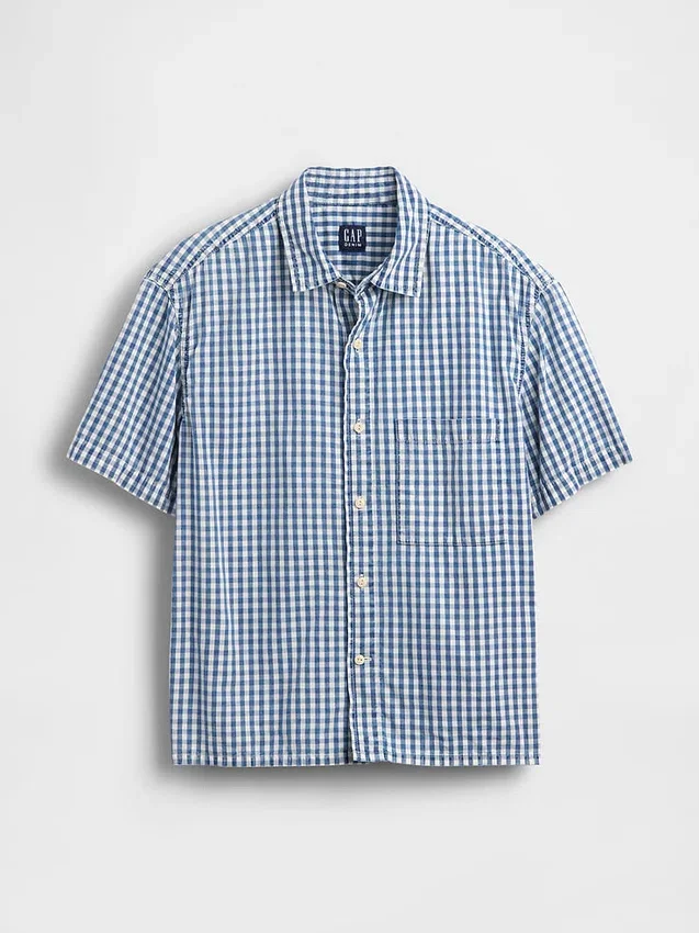 Gingham-denimskjorte med avslappet passform og rett kant