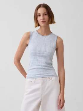 Gingham-mønstret tank-top i pointelle-strikk