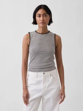 Gingham-mønstret tank-top i pointelle-strikk
