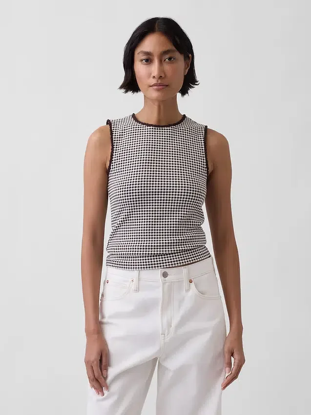 Gingham-mønstret tank-top i pointelle-strikk