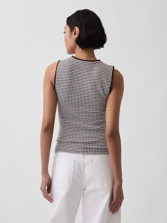 Gingham-mønstret tank-top i pointelle-strikk