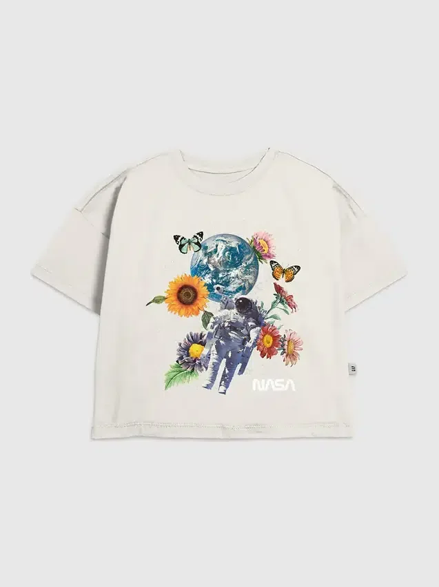 Grafisk T-skjorte for barn med NASA-romfartsmotiv og blomster