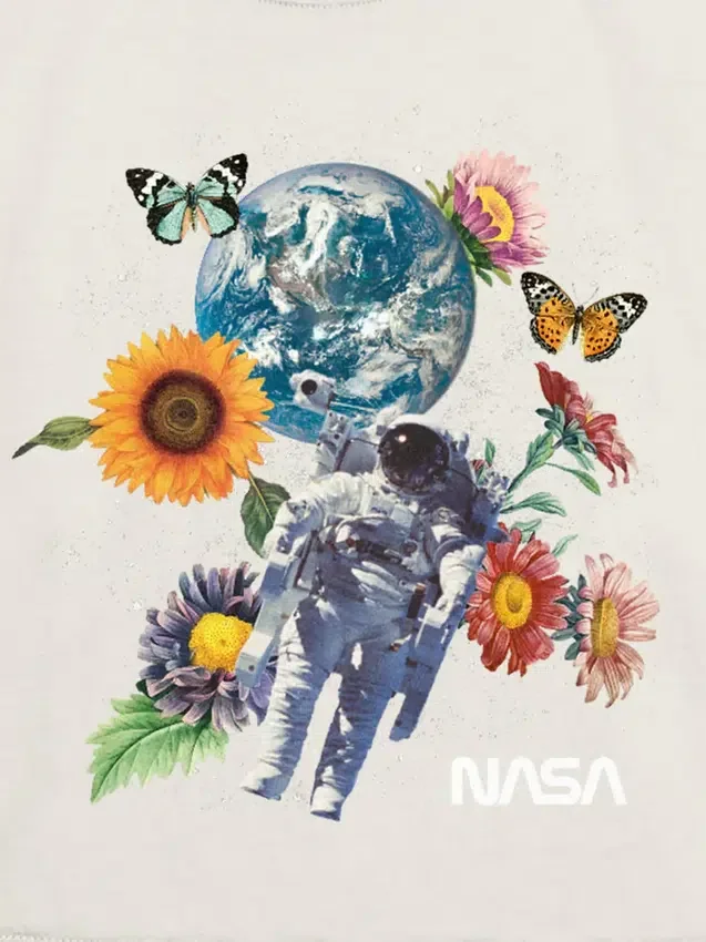Grafisk T-skjorte for barn med NASA-romfartsmotiv og blomster