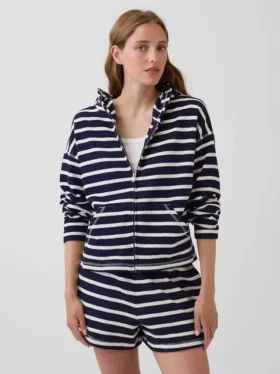 Hettegenser i frotté med oversized striper og glidelås