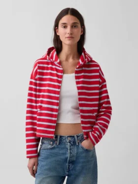 Hettegenser i frotté med oversized striper og glidelås