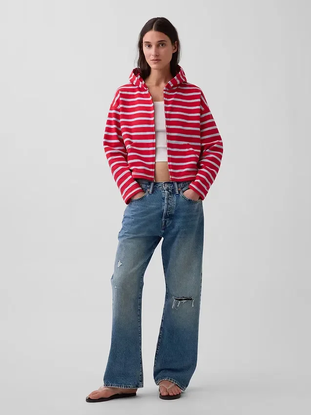 Hettegenser i frotté med oversized striper og glidelås