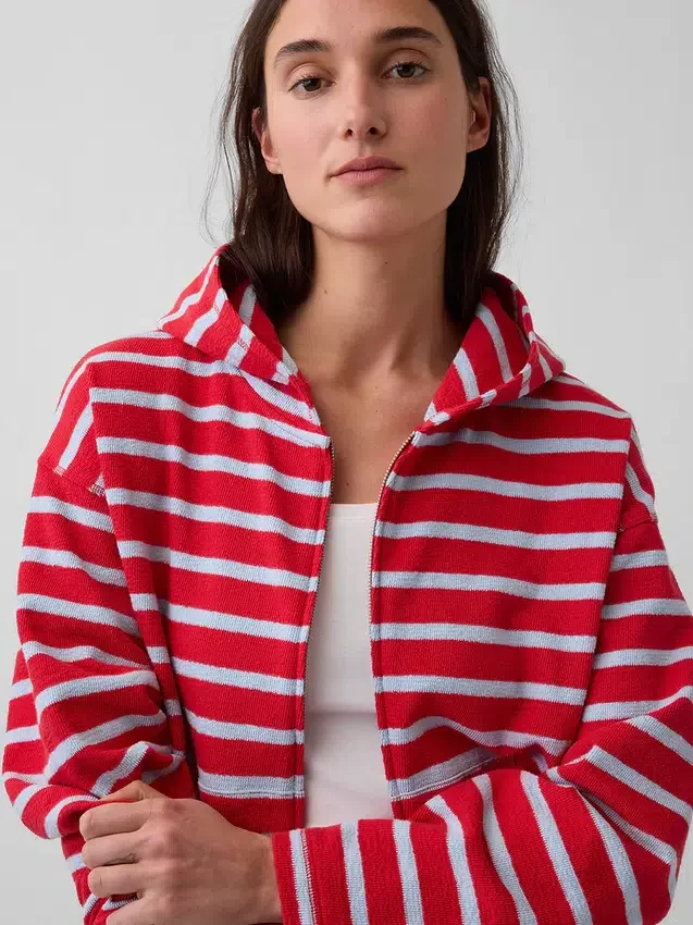 Hettegenser i frotté med oversized striper og glidelås