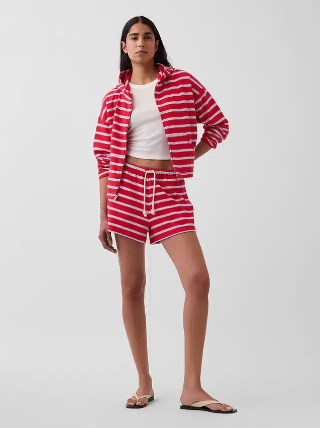 Hettegenser i frotté med oversized striper og glidelås