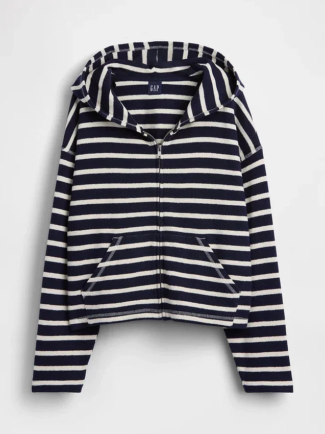 Hettegenser i frotté med oversized striper og glidelås