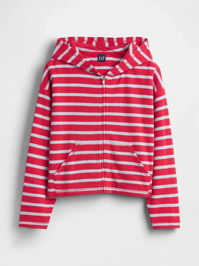 Hettegenser i frotté med oversized striper og glidelås