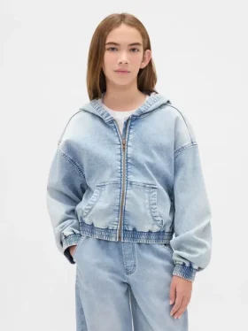 Hettegenser i strikket denim med glidelås for barn