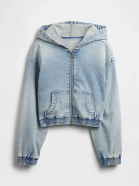Hettegenser i strikket denim med glidelås for barn