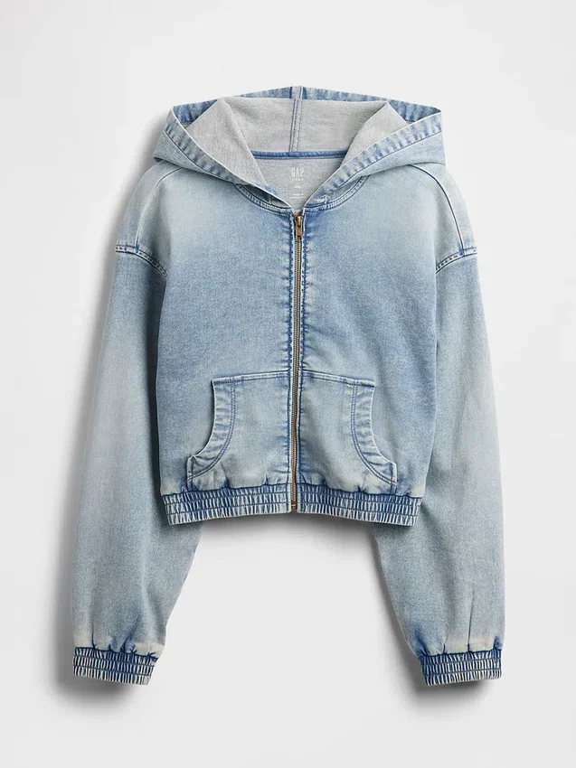 Hettegenser i strikket denim med glidelås for barn