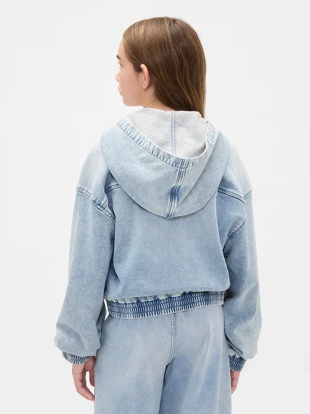 Hettegenser i strikket denim med glidelås for barn