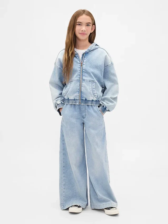 Hettegenser i strikket denim med glidelås for barn