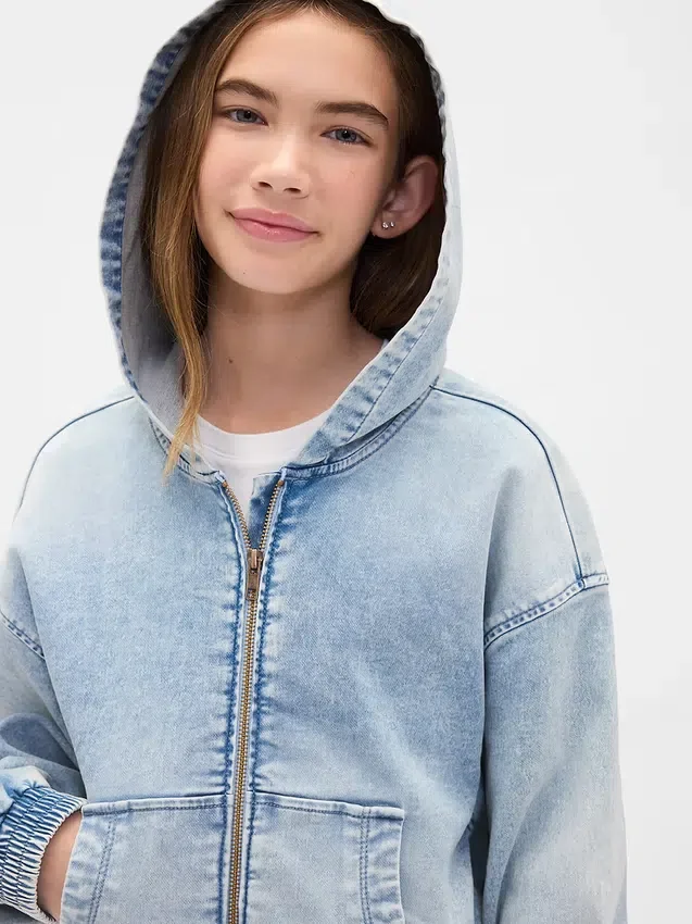 Hettegenser i strikket denim med glidelås for barn