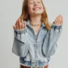 Hettegenser i strikket denim med glidelås for barn