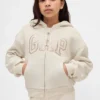 Hettegenser med grafisk logo og sherpa-fôr for barn