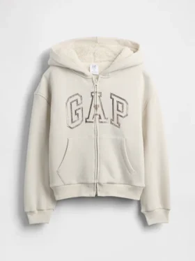 Hettegenser med grafisk logo og sherpa-fôr for barn