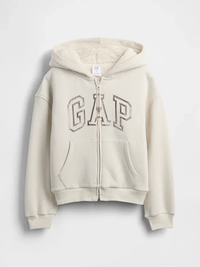 Hettegenser med grafisk logo og sherpa-fôr for barn