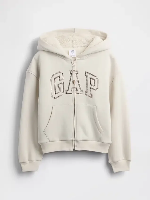 Hettegenser med grafisk logo og sherpa-fôr for barn