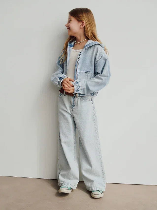 Jeans for barn med høy midje, vid benvidde og ankelhøyde