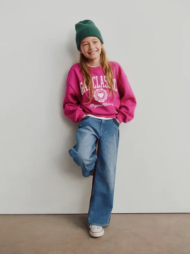 Jeans for barn med høy midje, vid benvidde og ankelhøyde