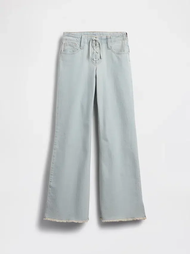 Jeans for barn med lav midje, snøring og avslappet utvidet ben