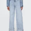 Jeans med høy midje, bredt ben og oppbrett