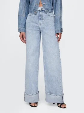 Jeans med høy midje, bredt ben og oppbrett