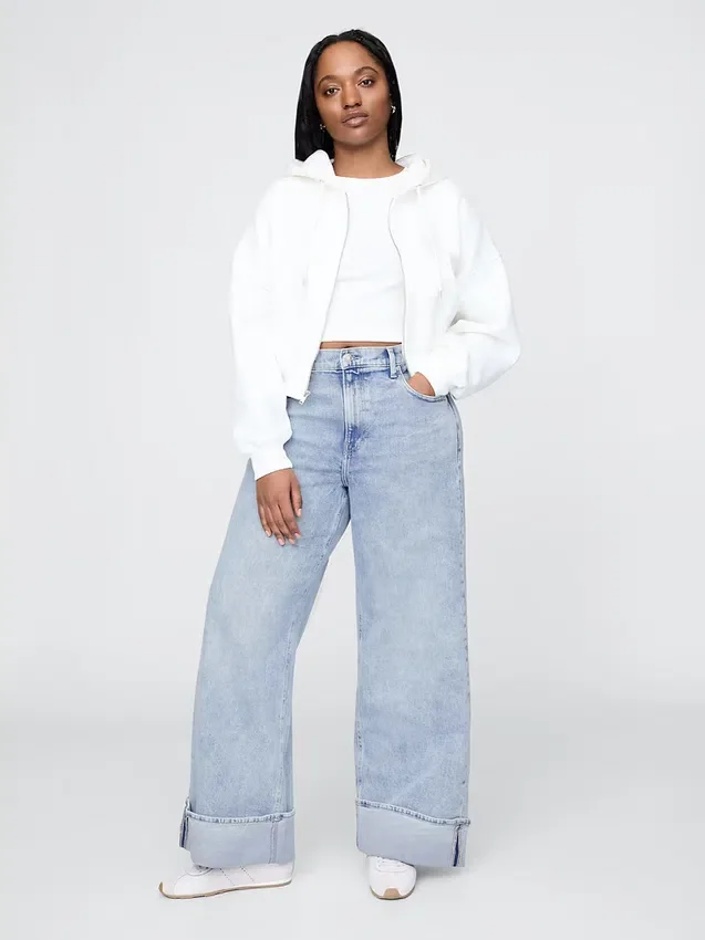 Jeans med høy midje, bredt ben og oppbrett